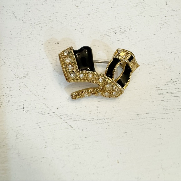 Vintage Platform Heel Shoe Black Enamel Clear Rhinestone Gold Tone Brooch - Picture 3 of 8